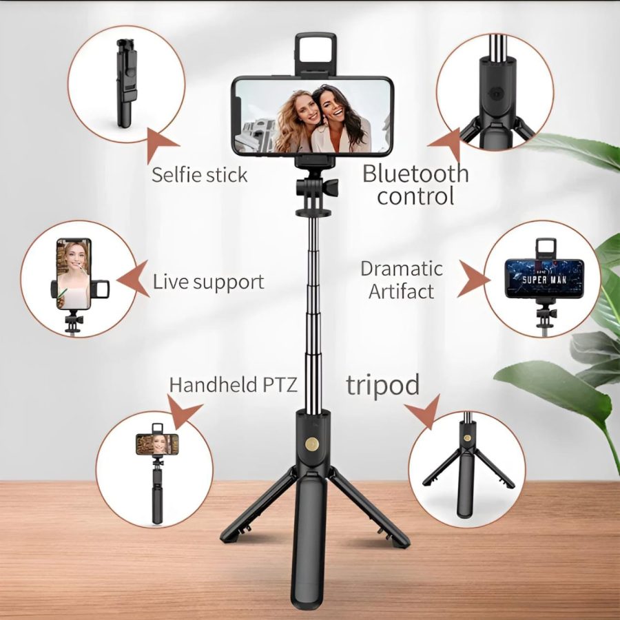 Selfie Stick Tripod with Remote Control | 360° Foldable Selfie Rod for Phone & Action Camera with LED Light